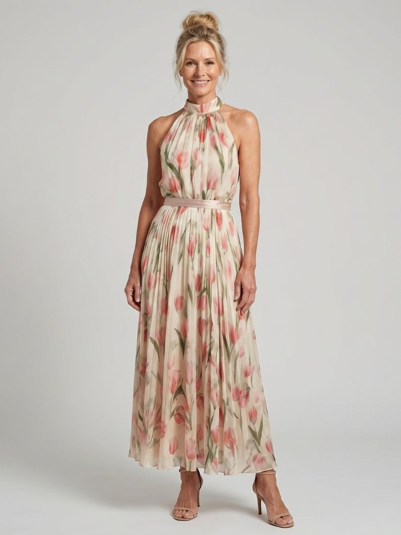 Floral Print Halter Neck Pleated Maxi Dress