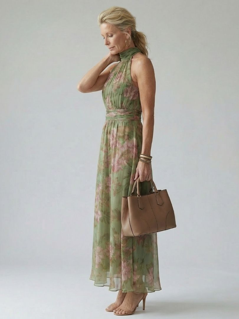 Floral Halter Neck Sleeveless Maxi Dress