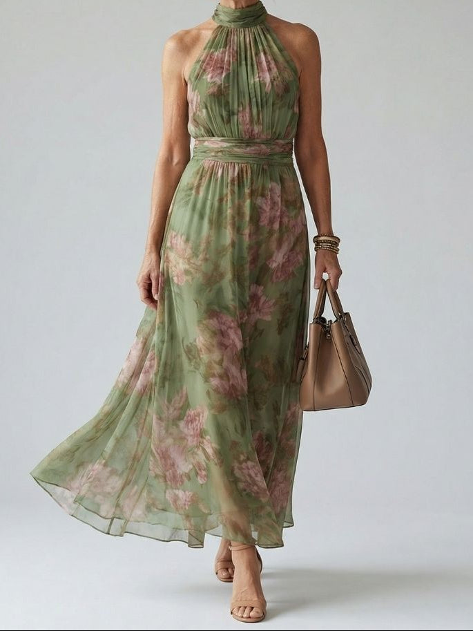 Floral Halter Neck Sleeveless Maxi Dress