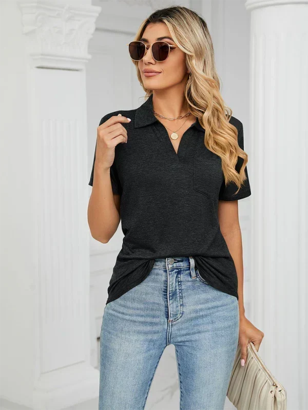 Collared V-Neck Short Sleeve Pocket Polo Top