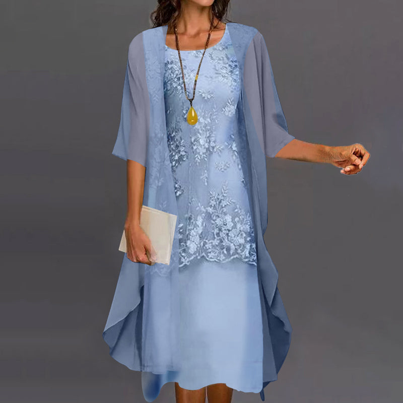 Floral Lace Embroidered Dress Chiffon Open Front Duster Two Piece Set