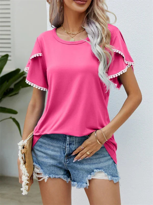 Round Neck Pom Pom Trim Flutter Sleeve Top