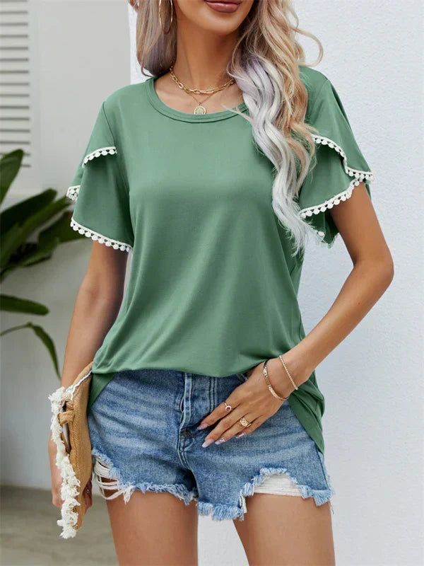 Round Neck Pom Pom Trim Flutter Sleeve Top