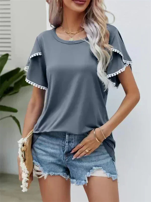 Round Neck Pom Pom Trim Flutter Sleeve Top