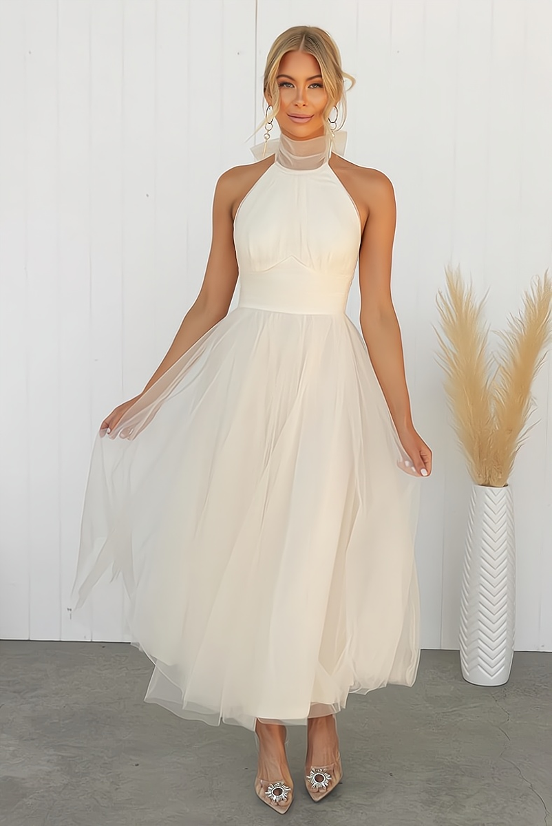 Tulle Halter Neck Bow Back Ruched Waist A-Line Midi Dress