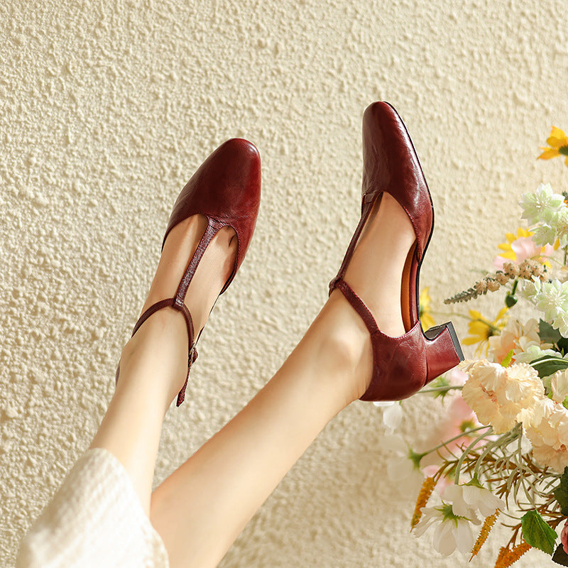 Square Toe T-Strap Block Heel Pumps