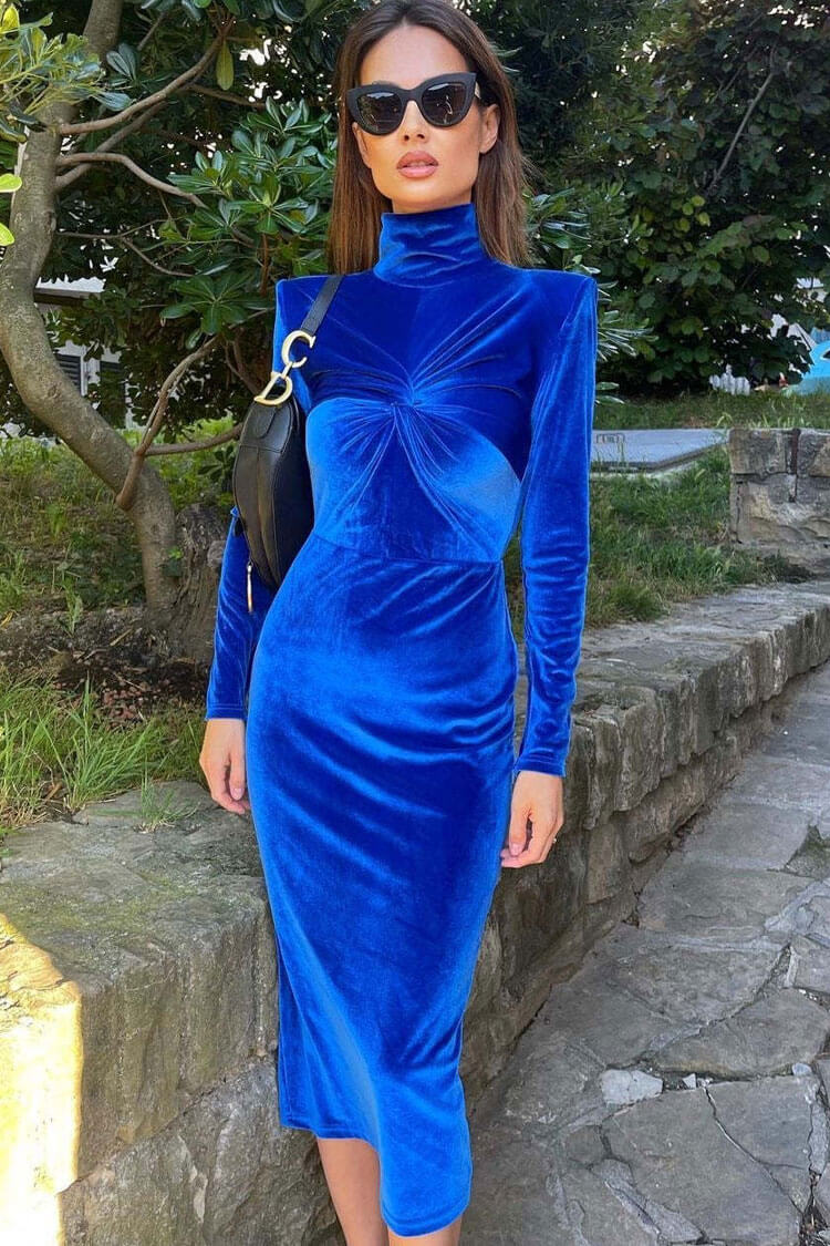 Velvet Long Sleeve Ruched Bodycon Maxi Dress Party