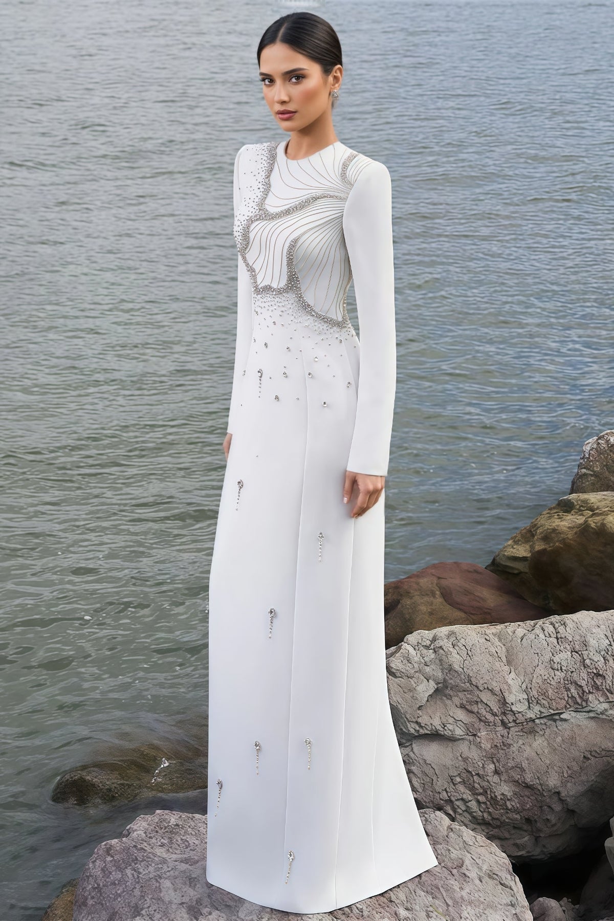 Crew Neck Long Sleeve Crystal Embellished Column Maxi Gown 2