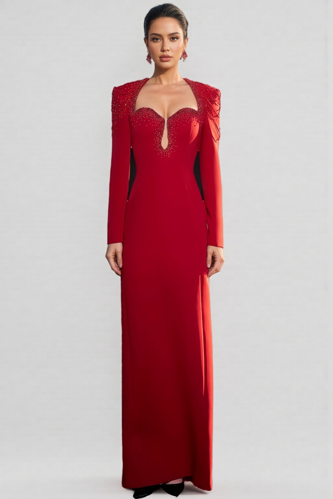 Sweetheart Keyhole Cut Out Long Sleeve Beaded Fringe Maxi Gown