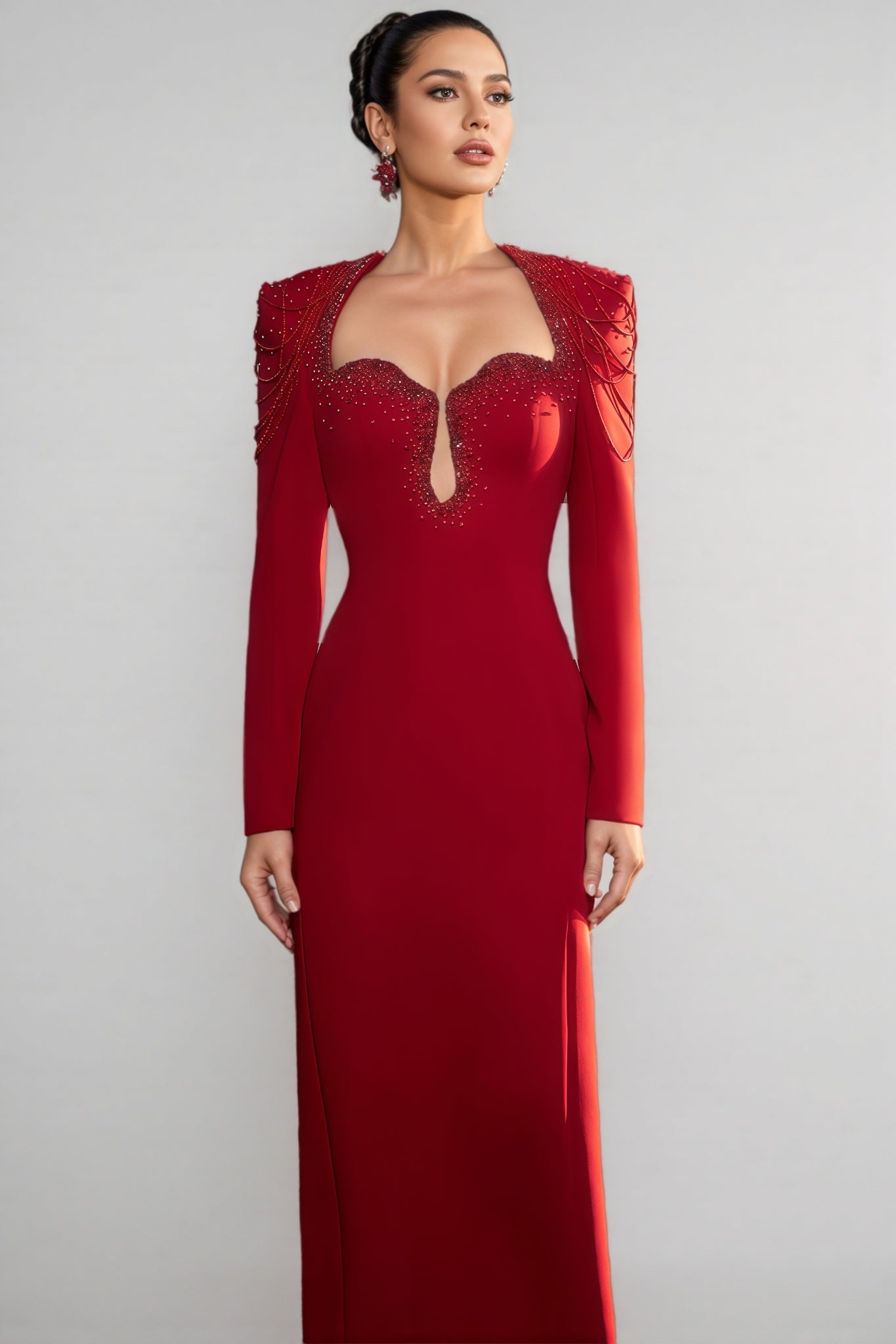 Sweetheart Keyhole Cut Out Long Sleeve Beaded Fringe Maxi Gown