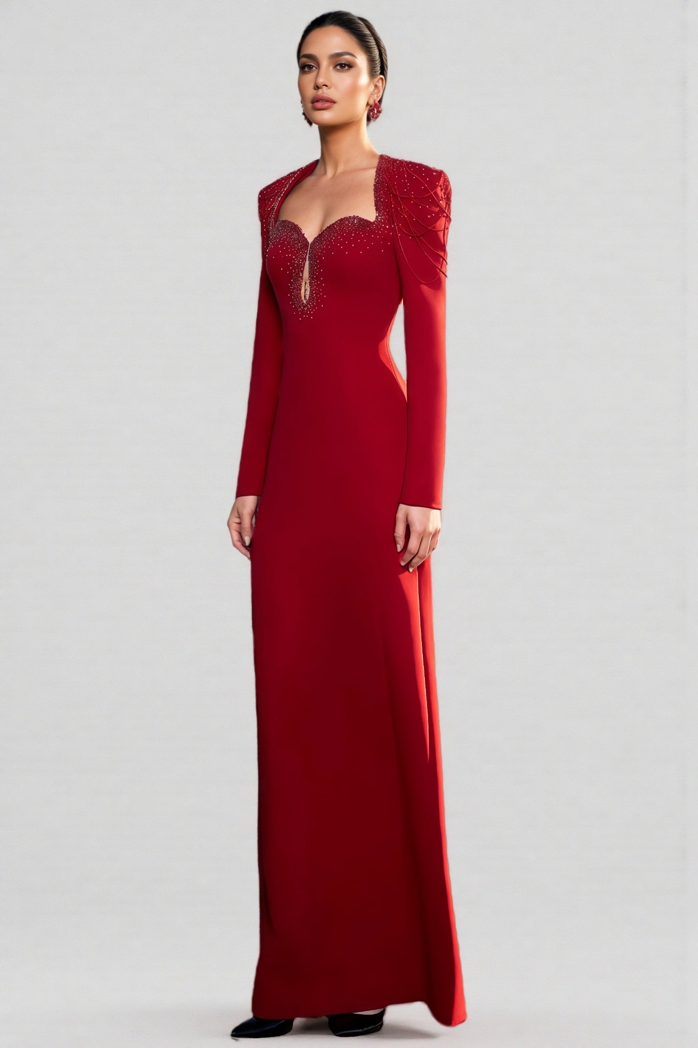 Sweetheart Keyhole Cut Out Long Sleeve Beaded Fringe Maxi Gown