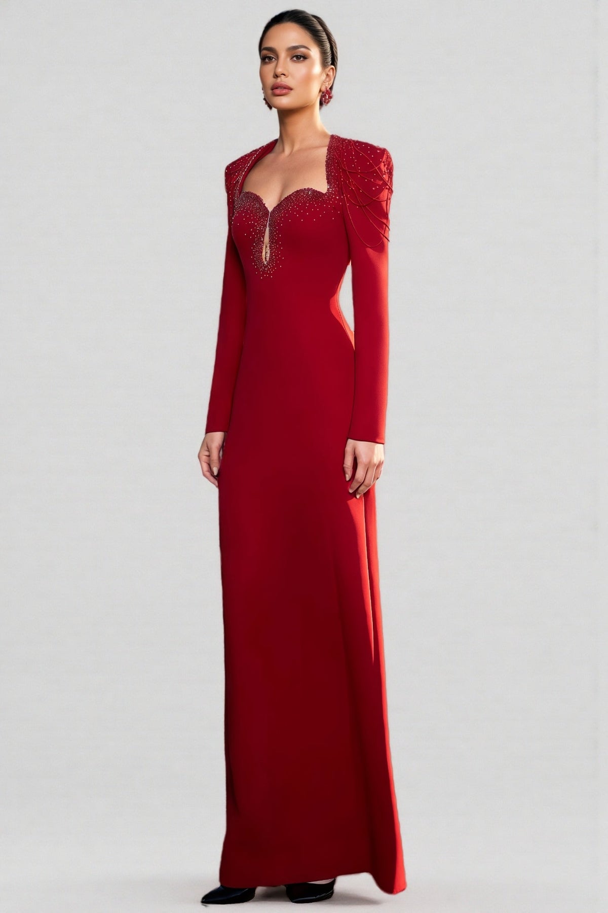 Sweetheart Keyhole Cut Out Long Sleeve Beaded Fringe Maxi Gown - View 2