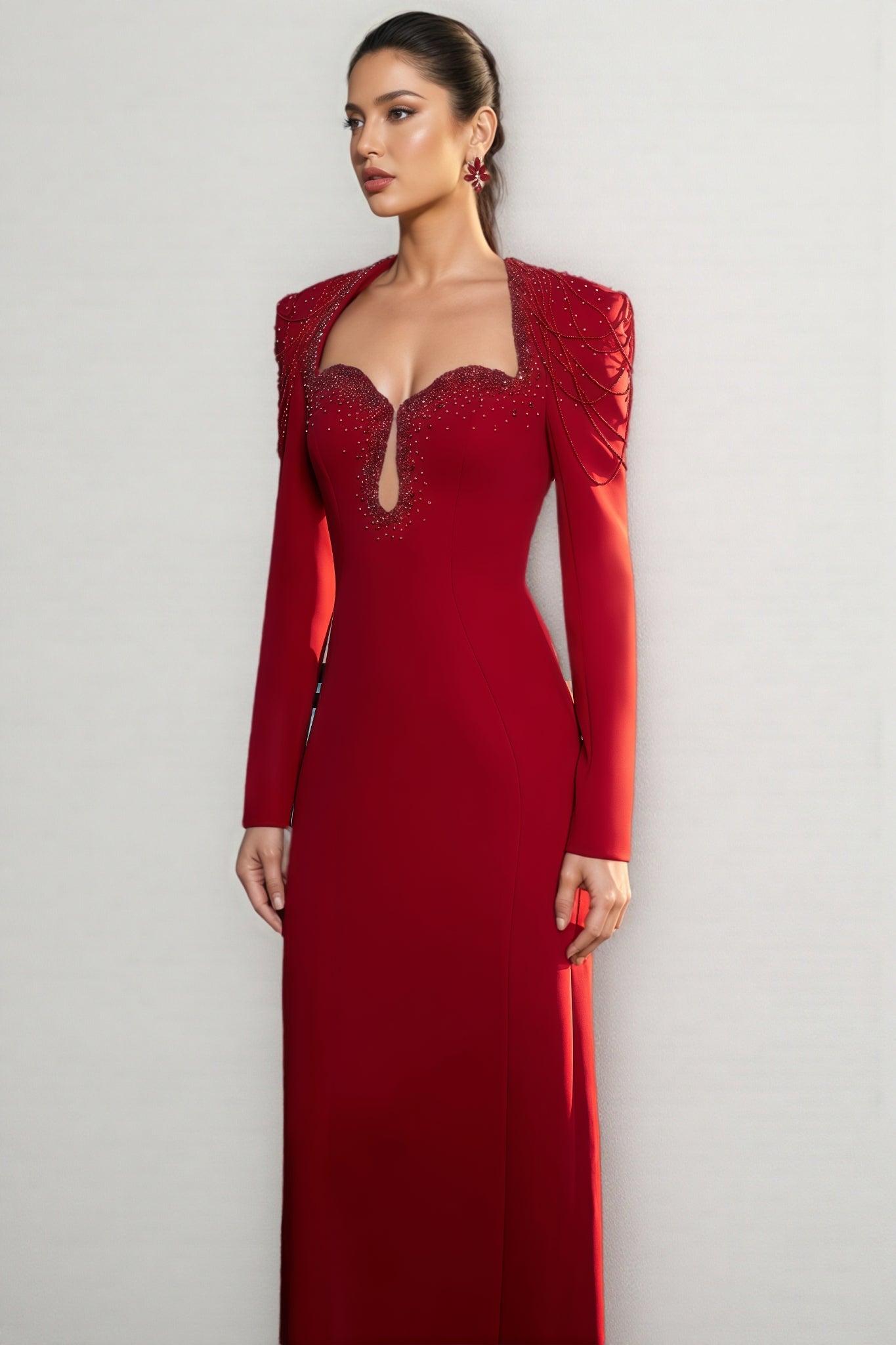 Sweetheart Keyhole Cut Out Long Sleeve Beaded Fringe Maxi Gown