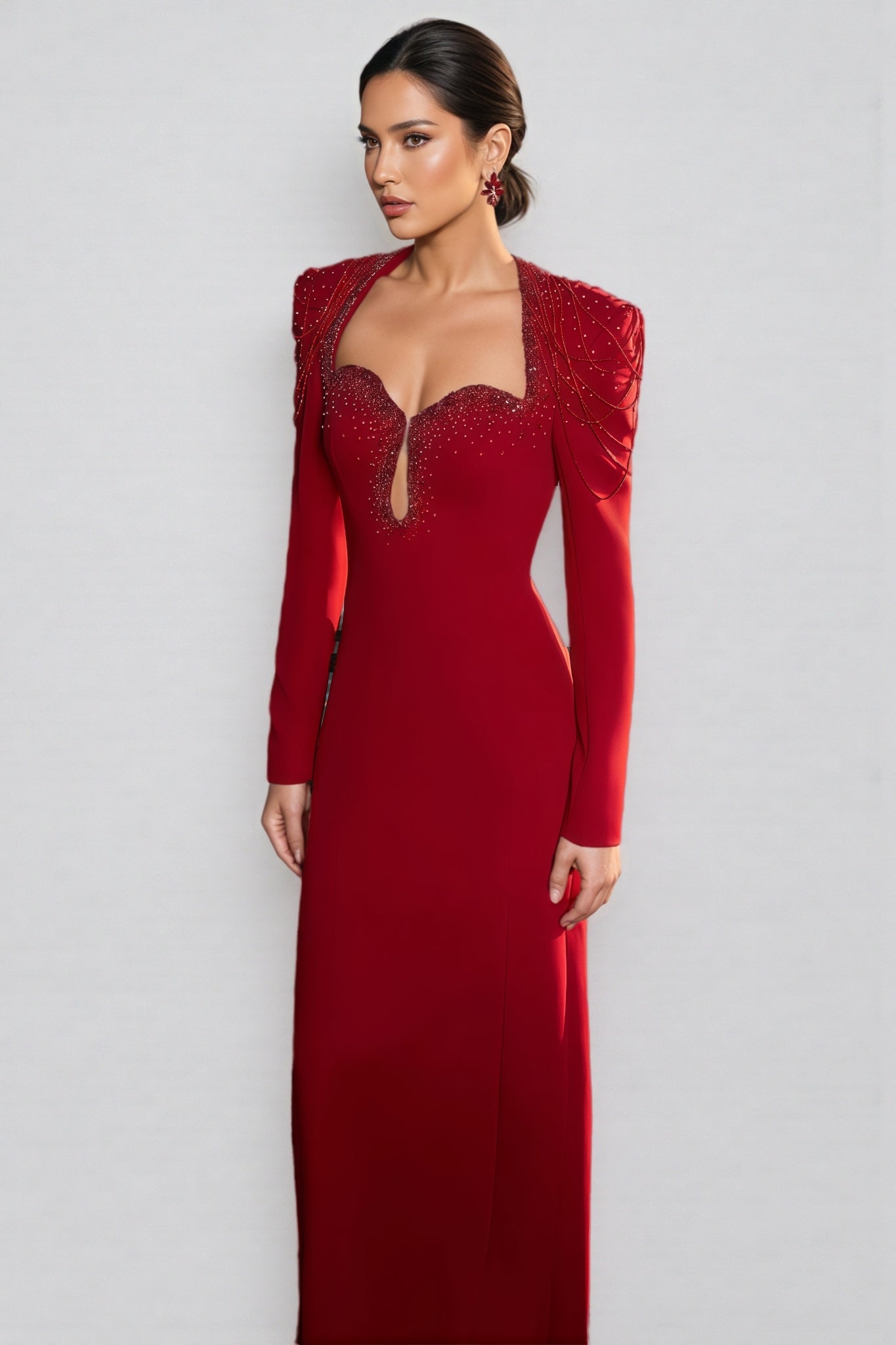 Sweetheart Keyhole Cut Out Long Sleeve Beaded Fringe Maxi Gown