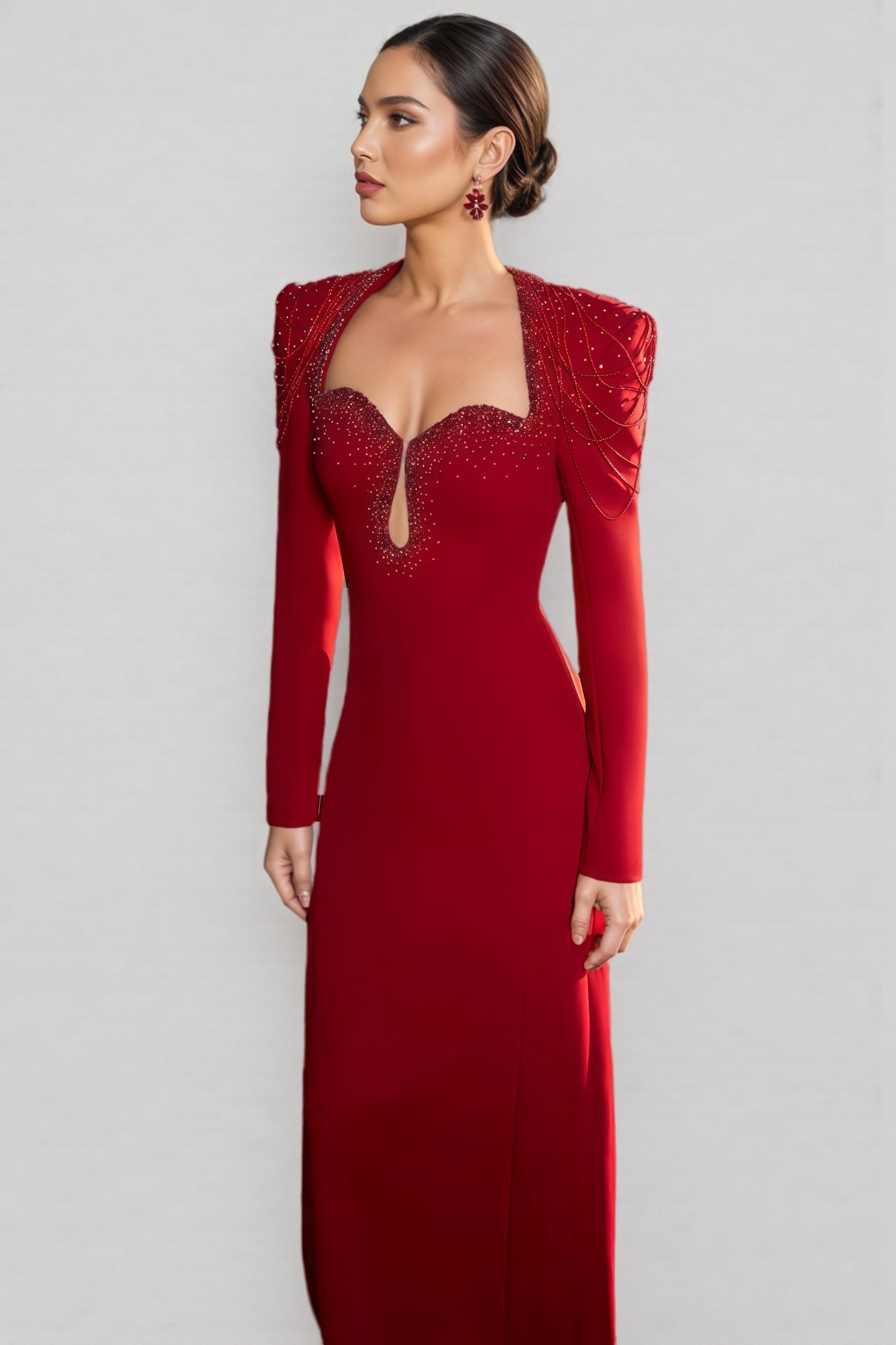 Sweetheart Keyhole Cut Out Long Sleeve Beaded Fringe Maxi Gown