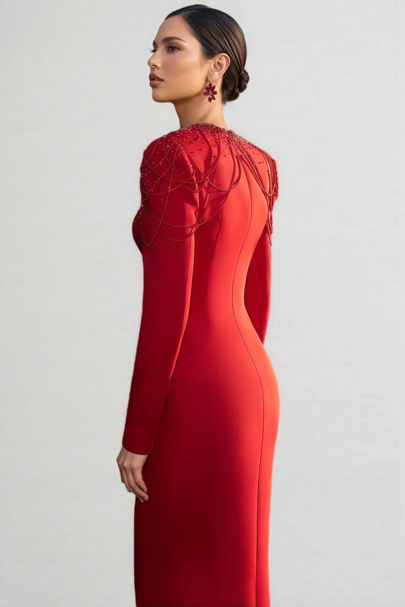 Sweetheart Keyhole Cut Out Long Sleeve Beaded Fringe Maxi Gown