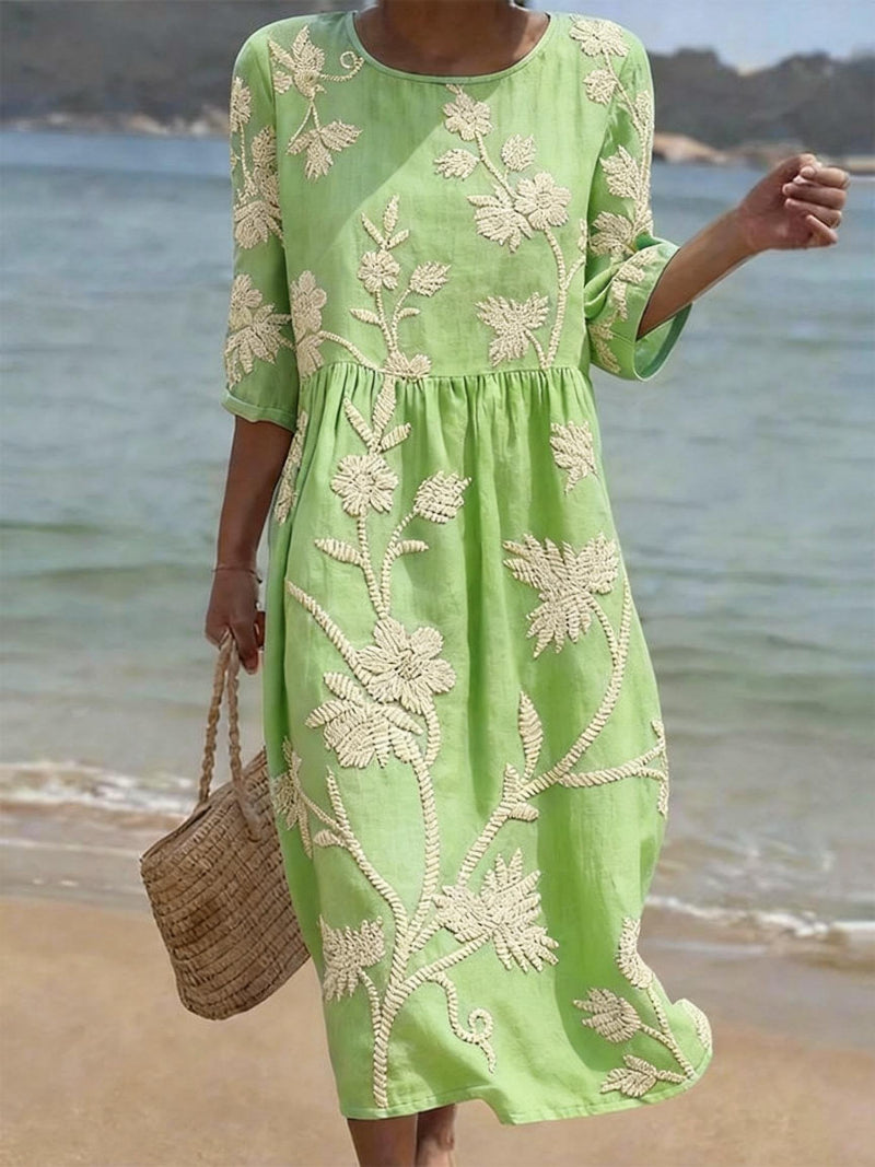 Floral Embroidered Round Neck 3/4 Sleeve Midi Dress
