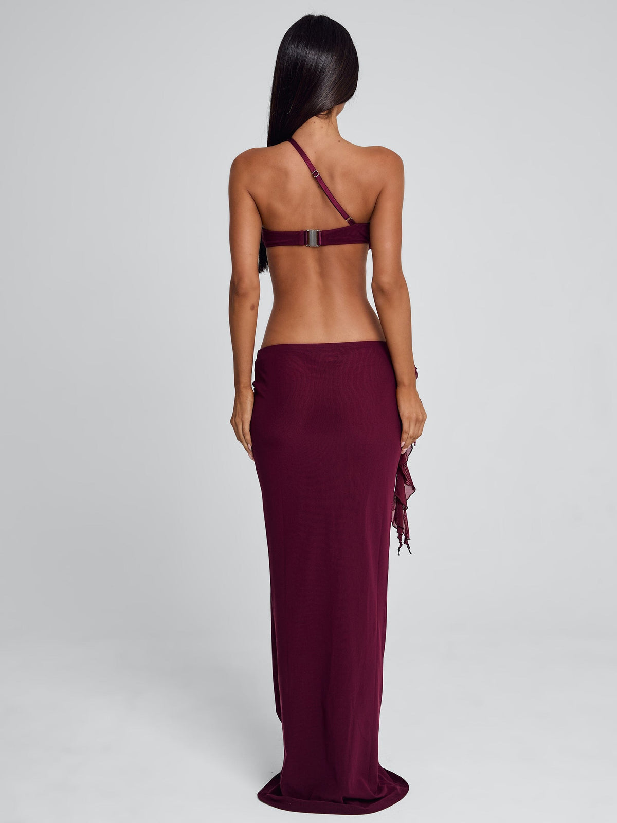 Mesh Beaded Chain One Shoulder Draped Cut Out Maxi Dress 8