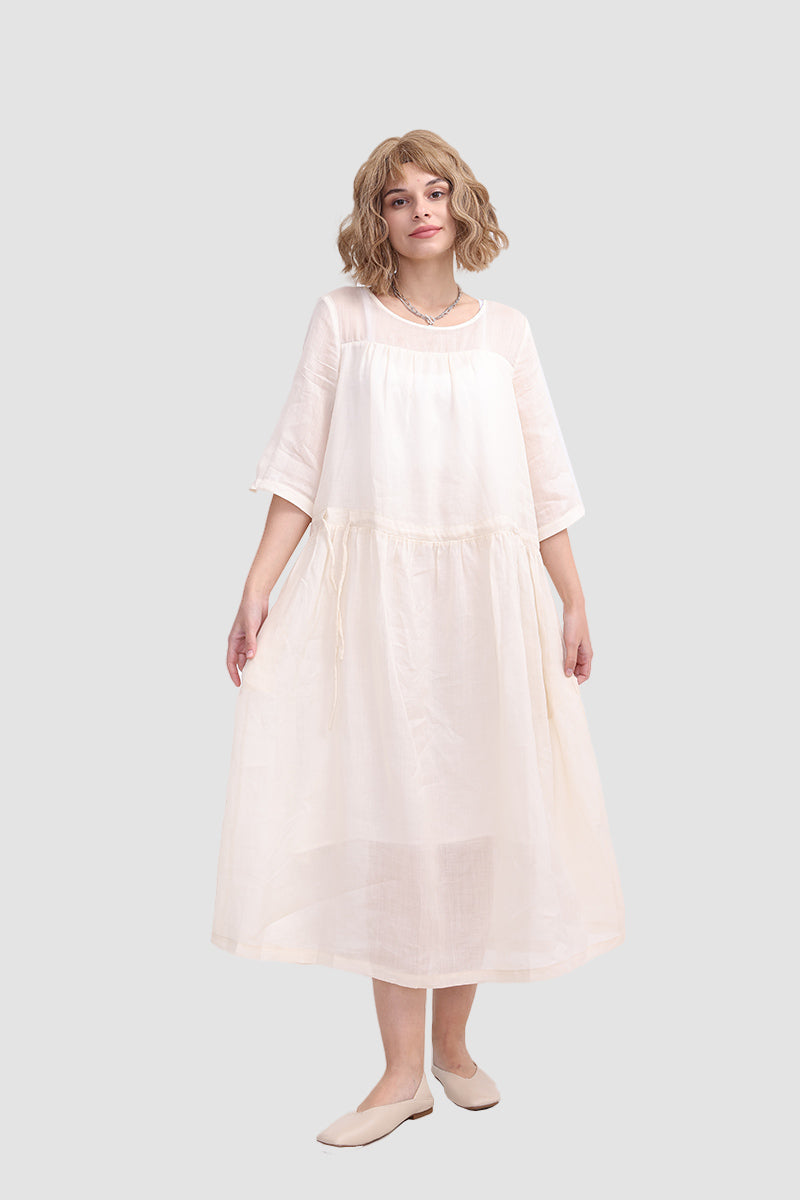 Linen-Look Round Neck Half Sleeve Drawstring Drop Waist Smock Midi Dress