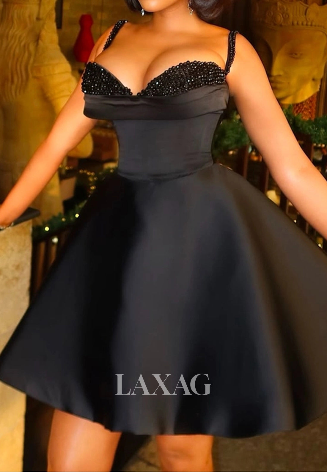 Beaded-Sweetheart Spaghetti Straps Sleeveless Pleated Satin A-Line Party Homecoming Dress