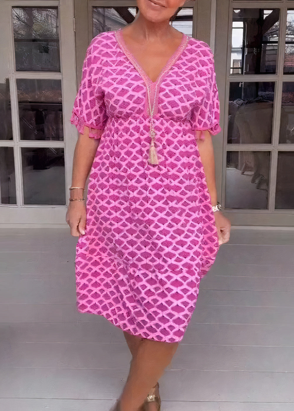 Deep V-Neck Diamond Lace Overlay Tassel Trim Short Sleeve Midi Dress