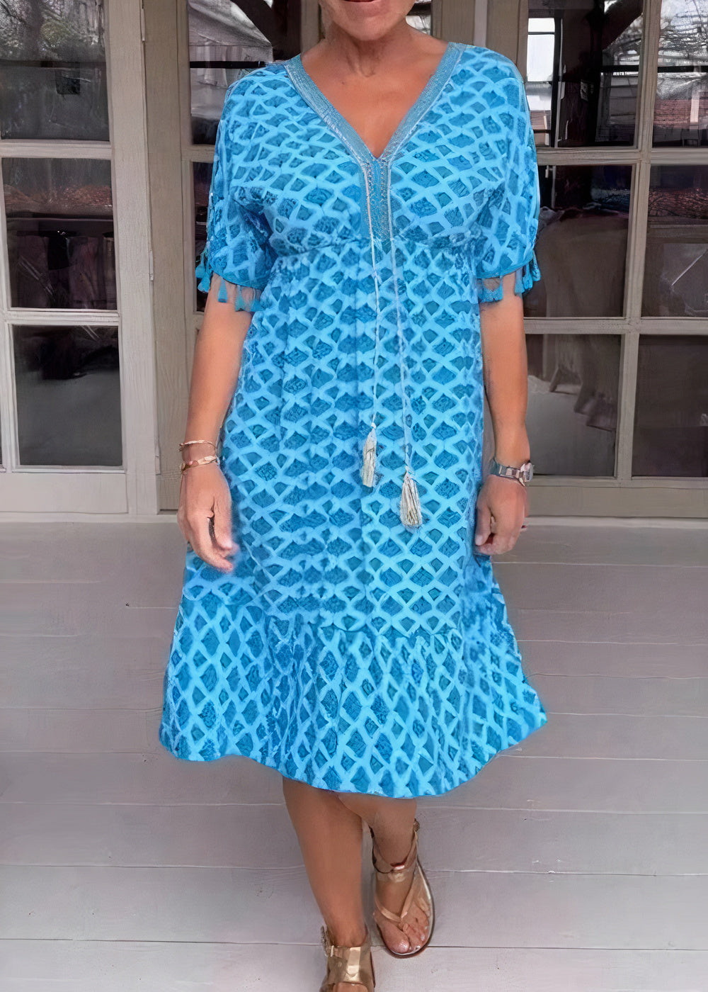 Deep V-Neck Diamond Lace Overlay Tassel Trim Short Sleeve Midi Dress