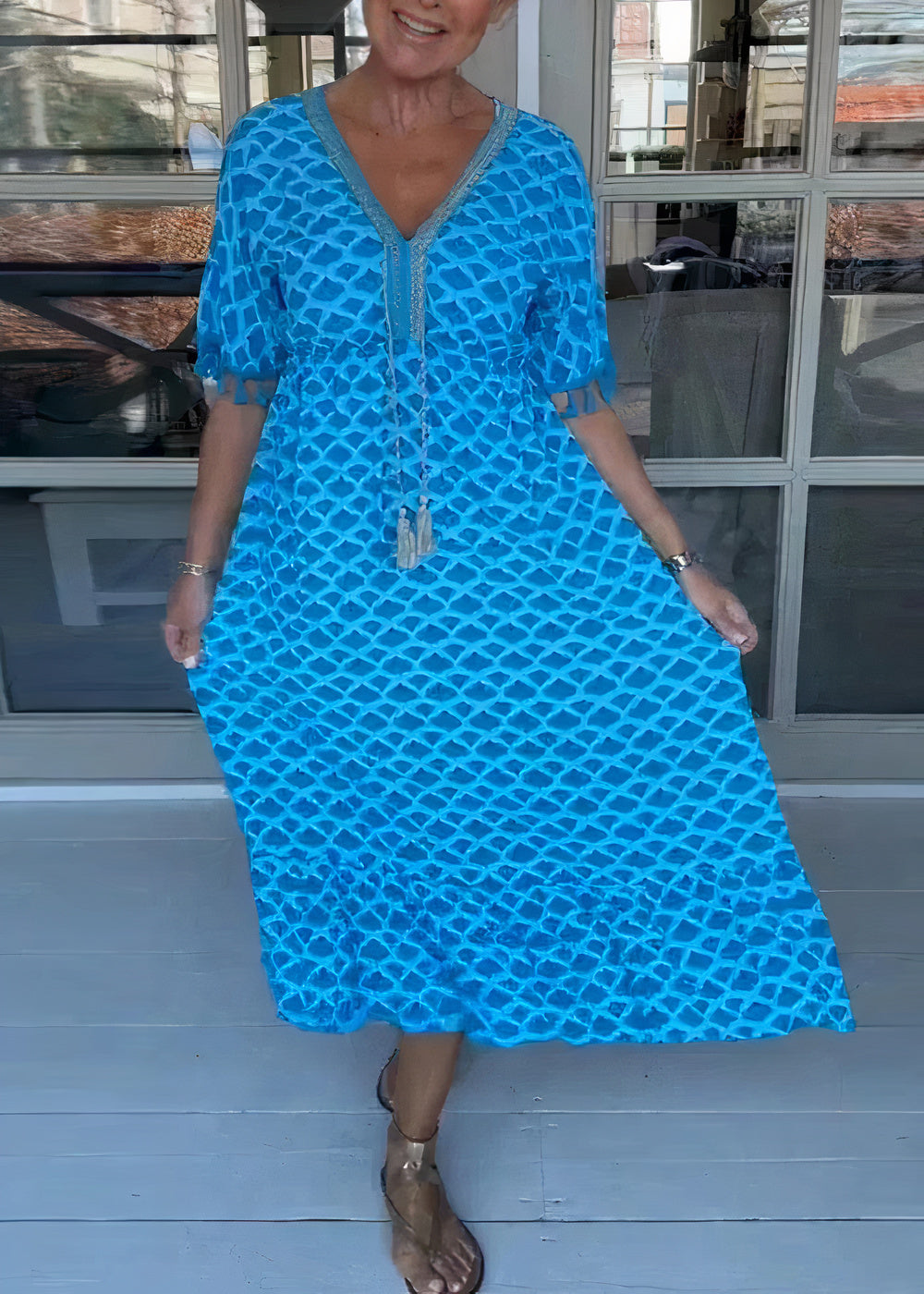 Deep V-Neck Diamond Lace Overlay Tassel Trim Short Sleeve Midi Dress