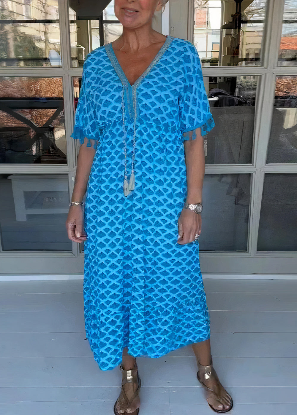 Deep V-Neck Diamond Lace Overlay Tassel Trim Short Sleeve Midi Dress