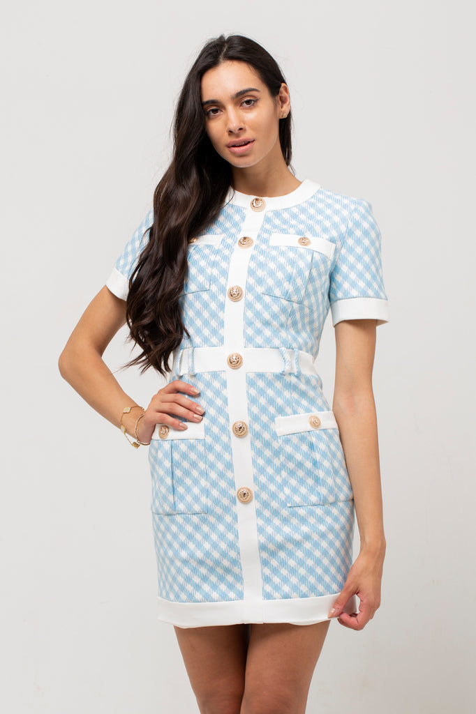 Gingham Short Sleeve Contrast Trim Belted Button Front Pocket Mini Dress 3