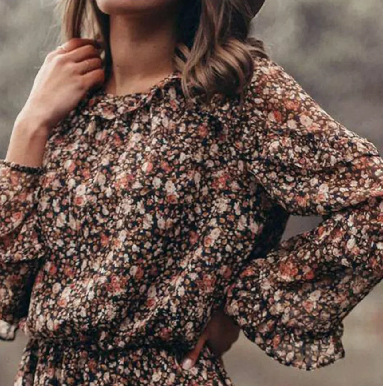 Floral Print Ruffle Neck Long Sleeve Tiered Ruffle Mini Dress