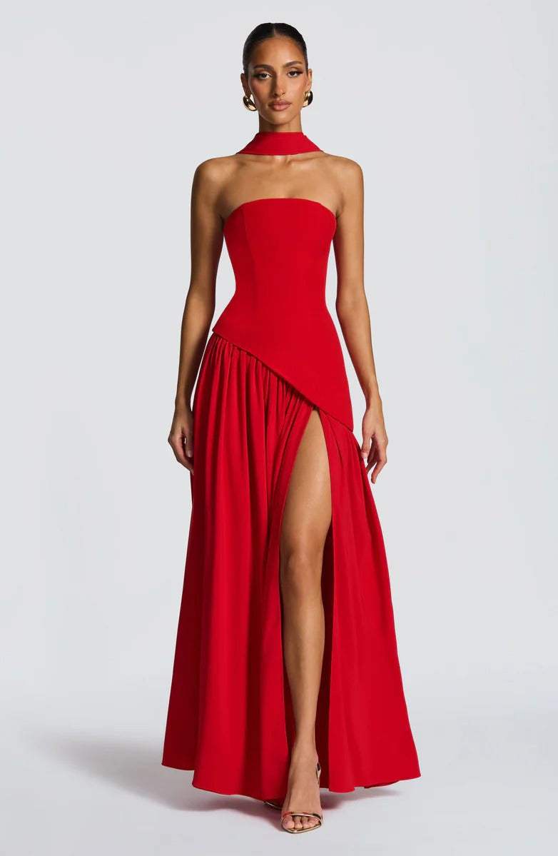 Strapless Asymmetric Drop Waist High Split Maxi Dress with Scarf 70