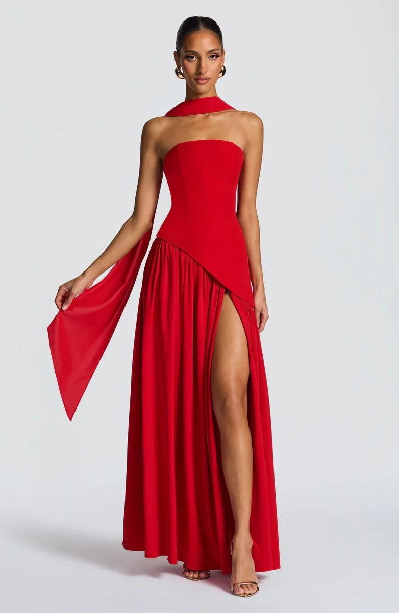 Strapless Asymmetric Drop Waist High Split Maxi Dress with Scarf 75