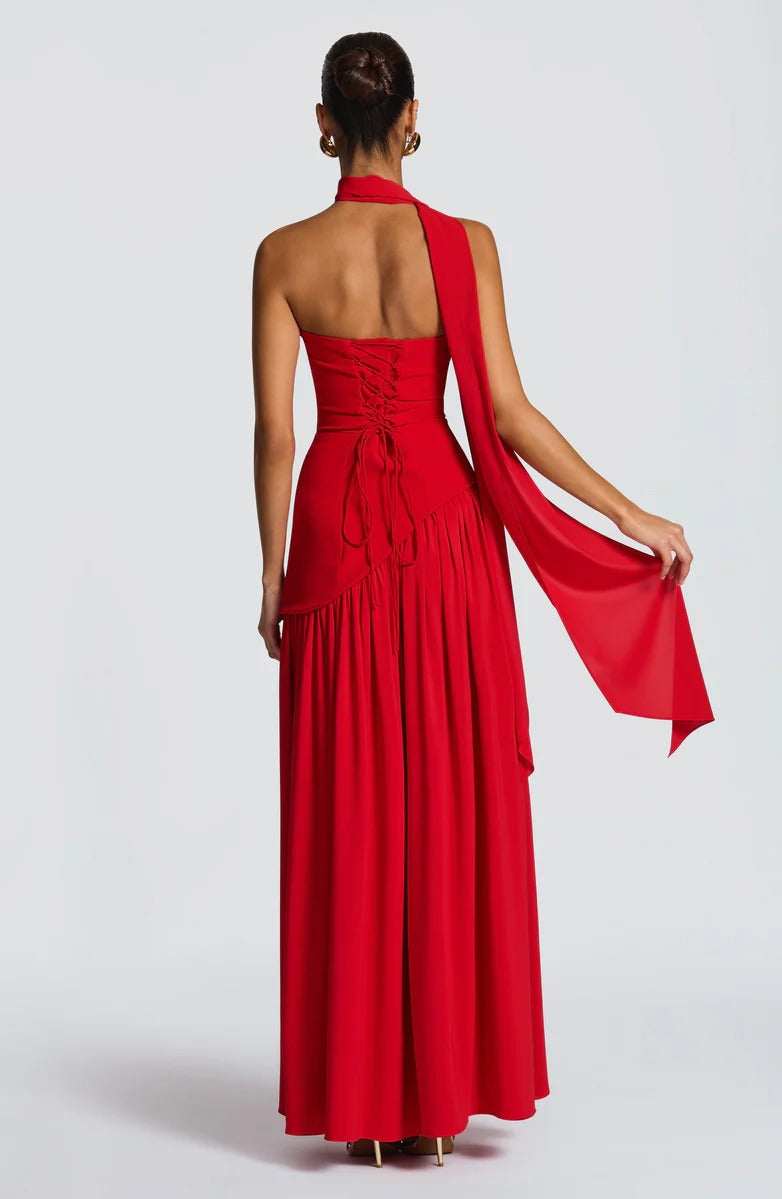 Strapless Asymmetric Drop Waist High Split Maxi Dress with Scarf 76