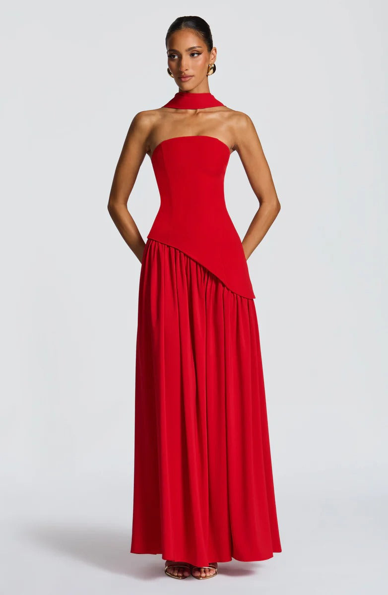 Strapless Asymmetric Drop Waist High Split Maxi Dress with Scarf 73