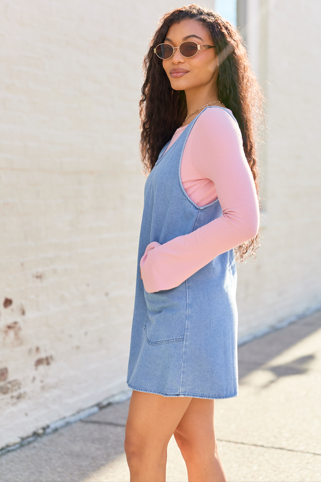 Denim Scoop Neck Sleeveless Patch Pocket Pinafore Mini Dress 3