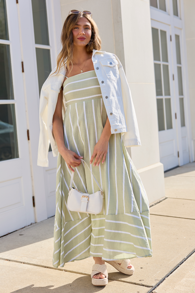 Striped Square Neck Spaghetti Strap Flowy A-Line Maxi Dress