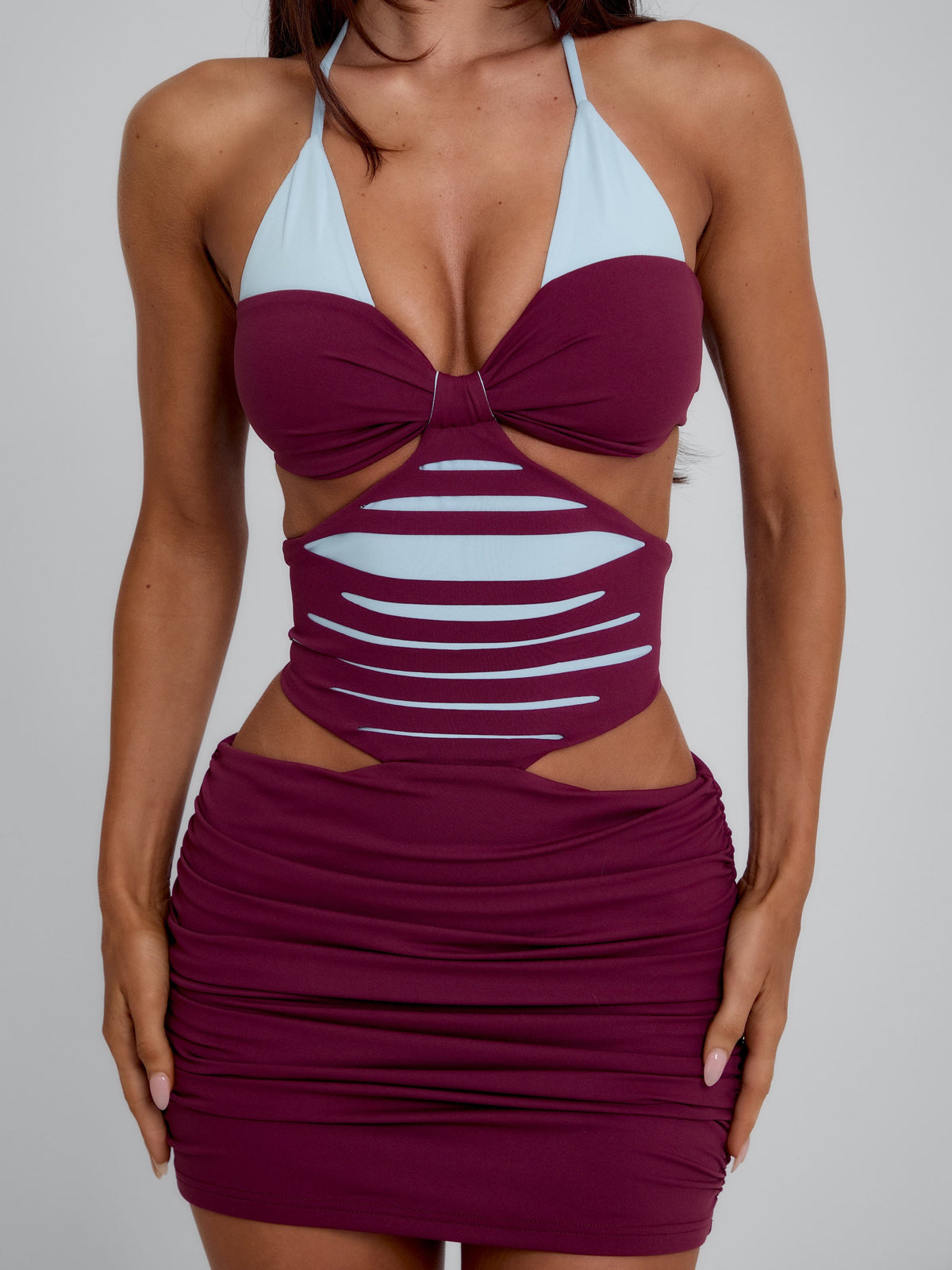 Contrast Halter Twist Bust Ladder Cut Out Ruched Bodycon Mini Dress 5