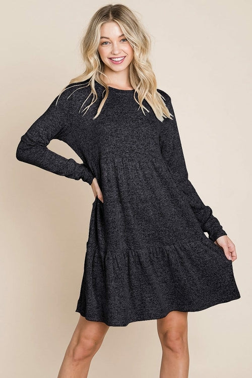 Tiered Mini Dress – Brushed Hacci, Pleated Layers Black
