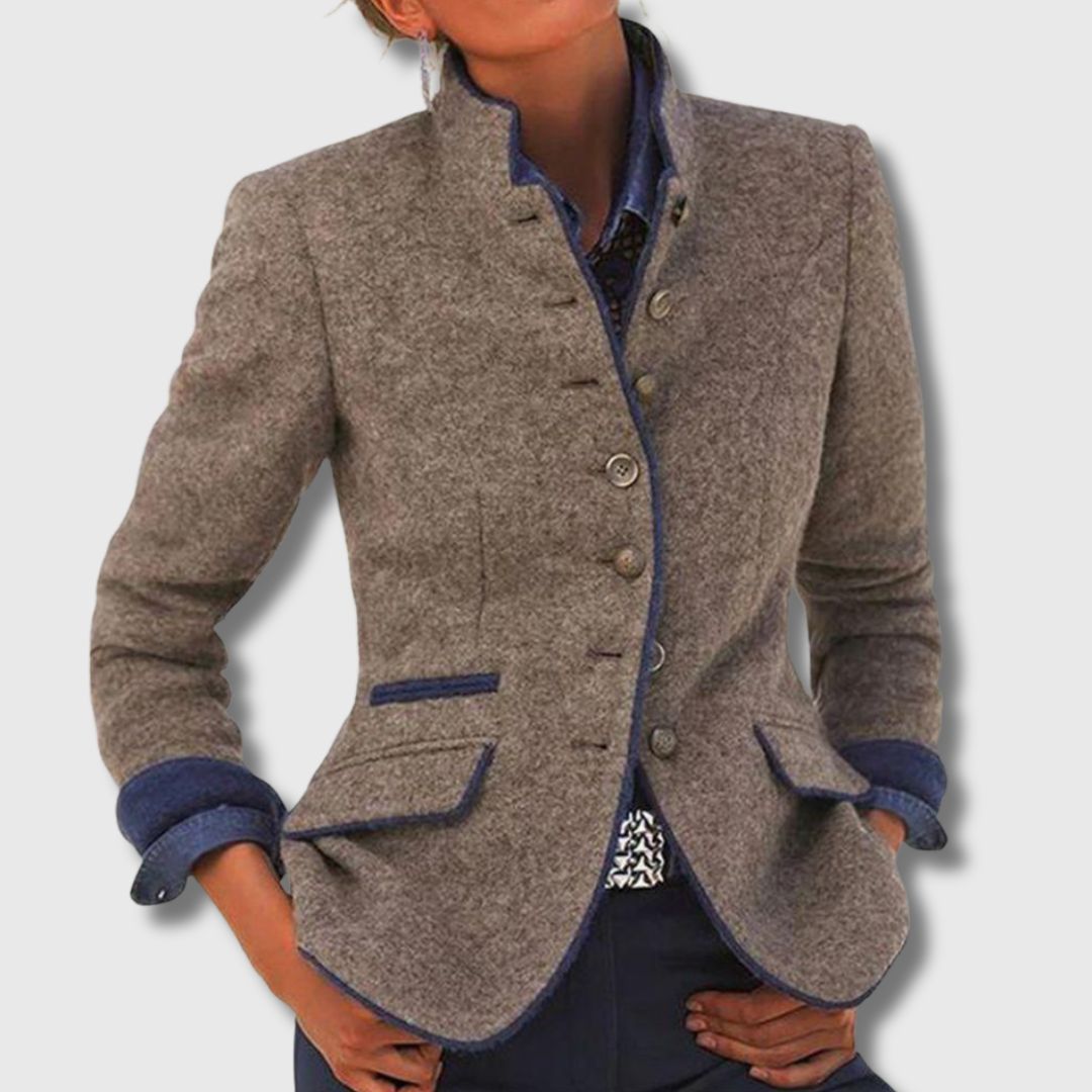 Stand Collar Contrast Trim Button Front Blazer