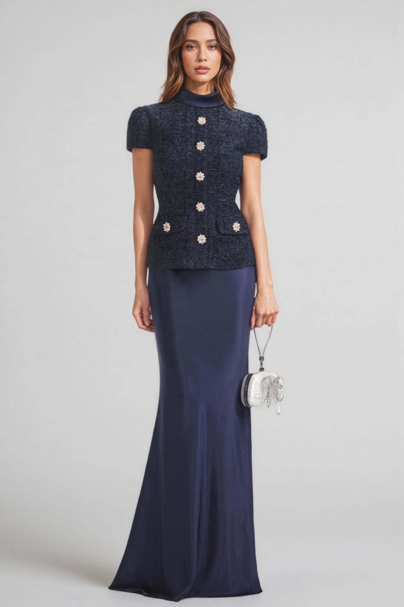 Faux Two Piece Bouclé Mock Neck Crystal Button Mermaid Maxi Dress
