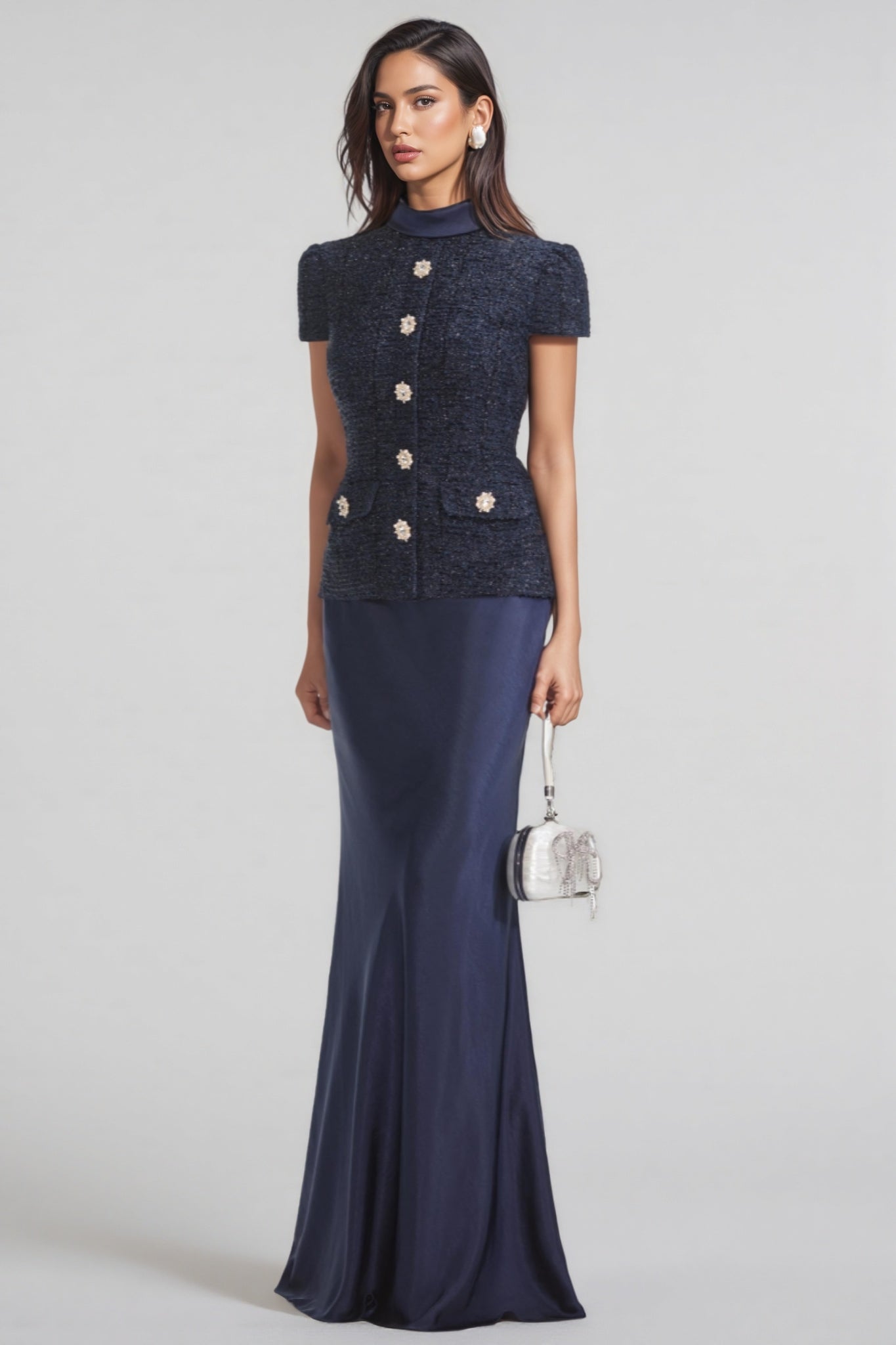 Faux Two Piece Bouclé Mock Neck Crystal Button Mermaid Maxi Dress
