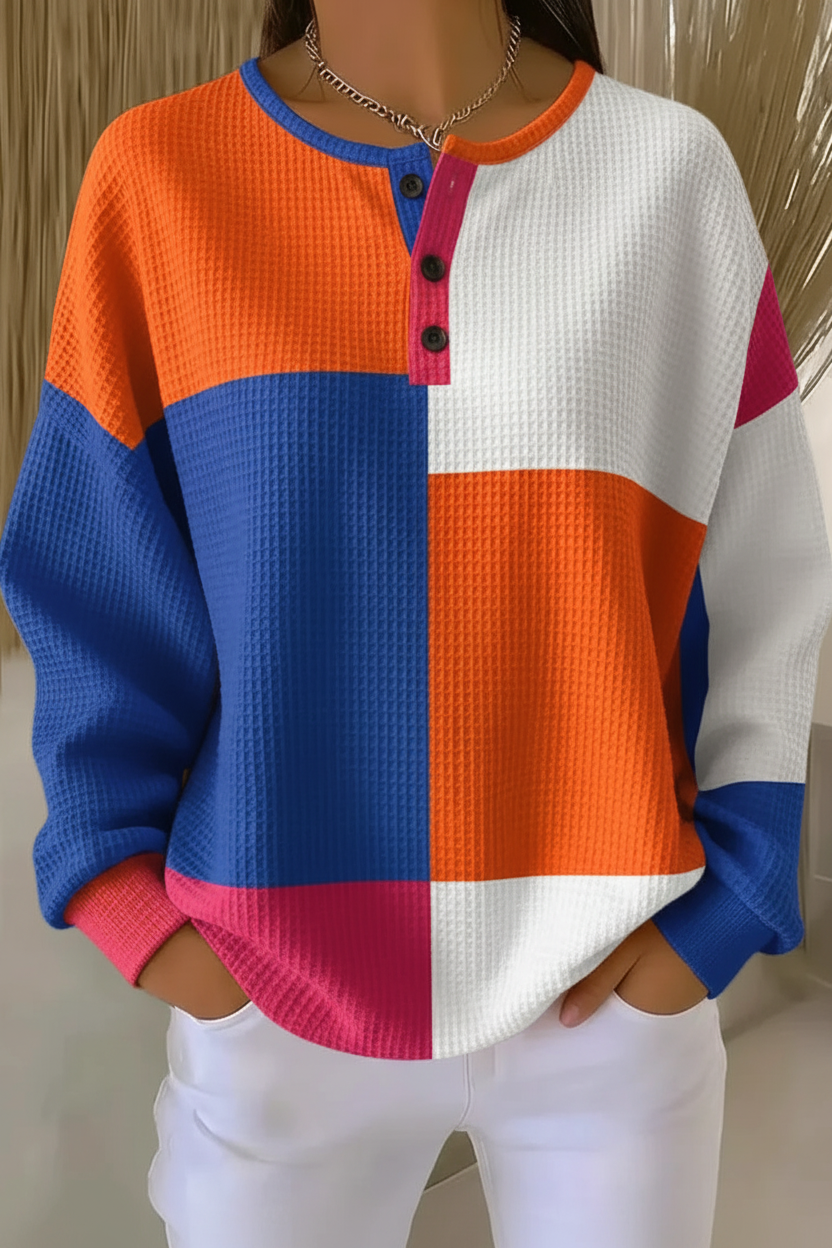 Colorblock Button Henley Waffle Sweatshirt