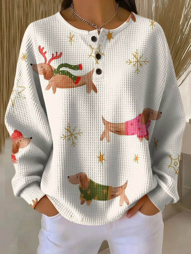 Christmas Dachshund Print Button Waffle Knit Sweatshirt