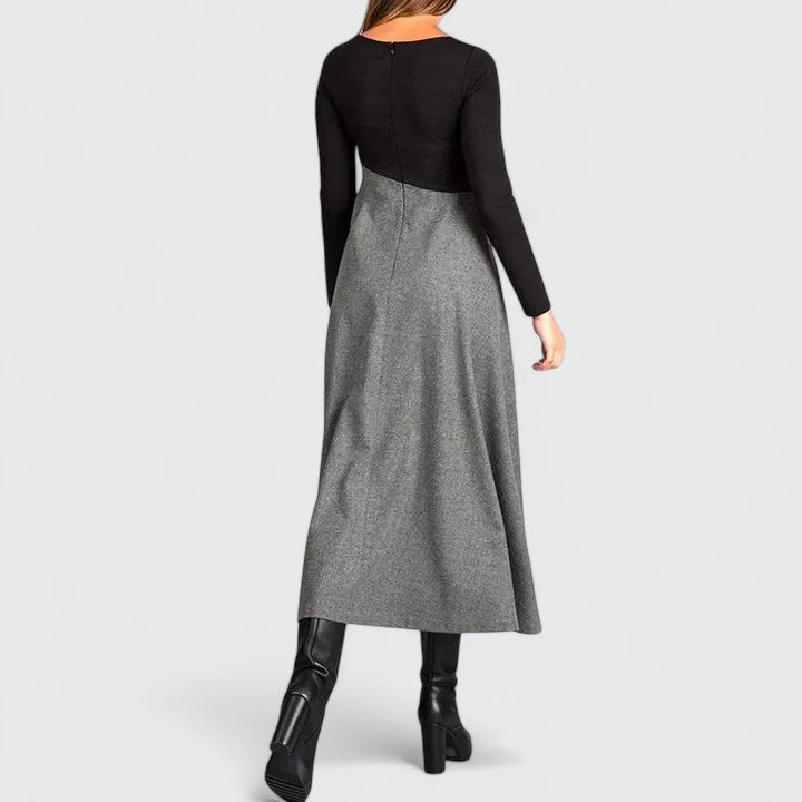 Contrast Long Sleeve Pleated A-Line Maxi Dress