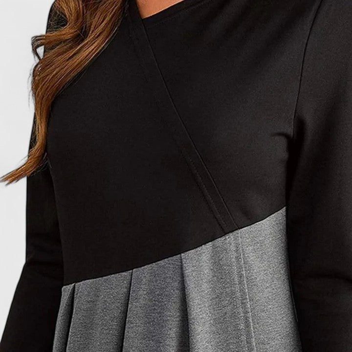 Contrast Long Sleeve Pleated A-Line Maxi Dress