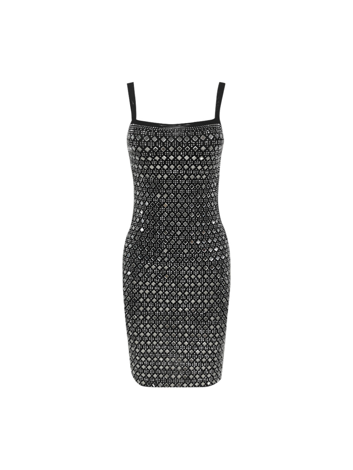 Rhinestone Grid Square Neck Cut Out Back Bandage Mini Dress