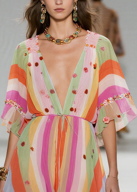 Rainbow Striped Chiffon Party Dress Ruffled Low High Design Summer 2