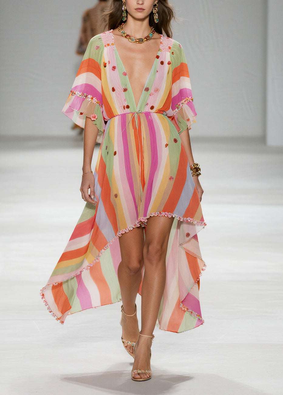 Rainbow Striped Chiffon Party Dress Ruffled Low High Design Summer 3