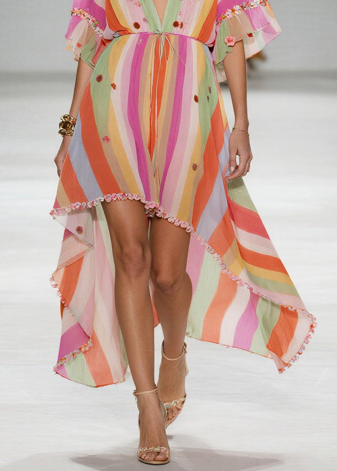 Rainbow Striped Chiffon Party Dress Ruffled Low High Design Summer 4