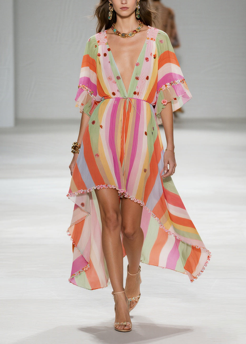 Rainbow Striped Chiffon Party Dress Ruffled Low High Design Summer 5